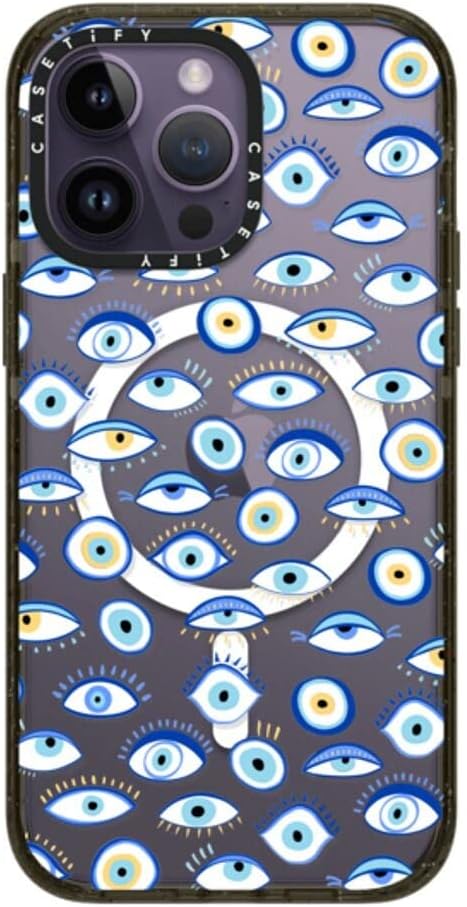CASETiFY Impact iPhone 14 Pro Max Case [4X Military Grade Drop Tested / 8.2ft Drop Protection/Compatible with Magsafe] - Blue All Seeing Eye Summer Holiday Pattern - Glossy Black