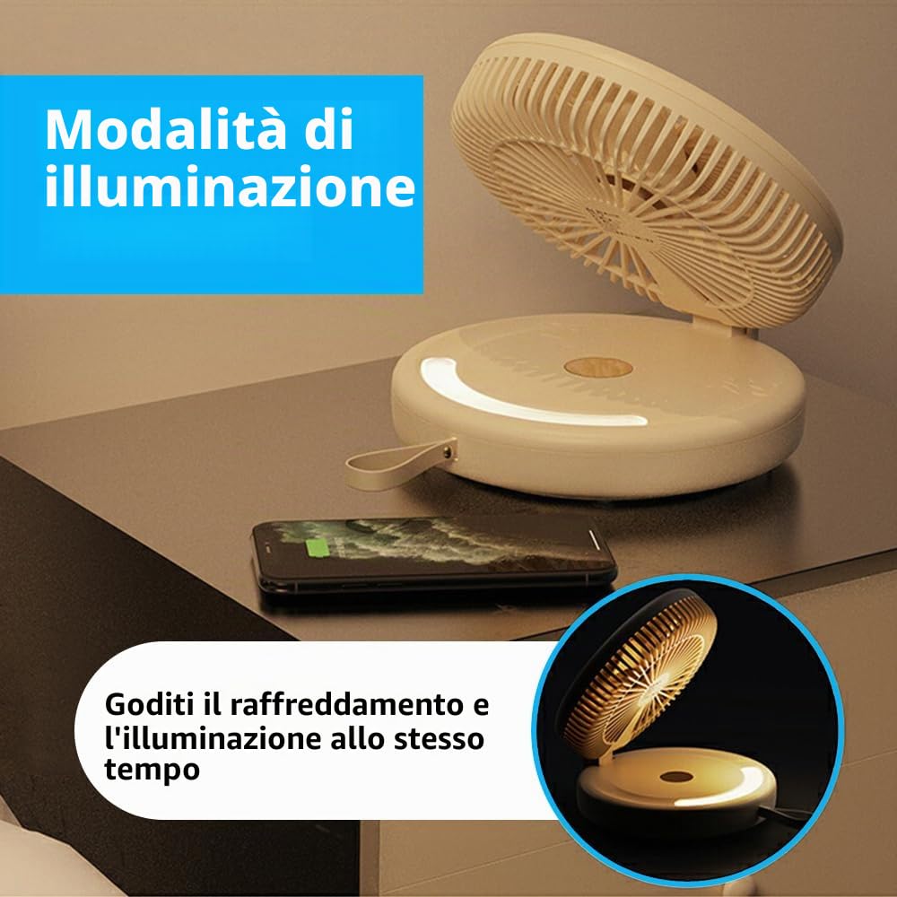 SLuB Ventilatore da Tavolo, Oscillazione Automatica a 120°, Luce LED, Velocità del Vento a 6 Velocità, Ventilatore Turbo Silenzioso per Casa, Ufficio, Cucina, Ecc (Bianco)