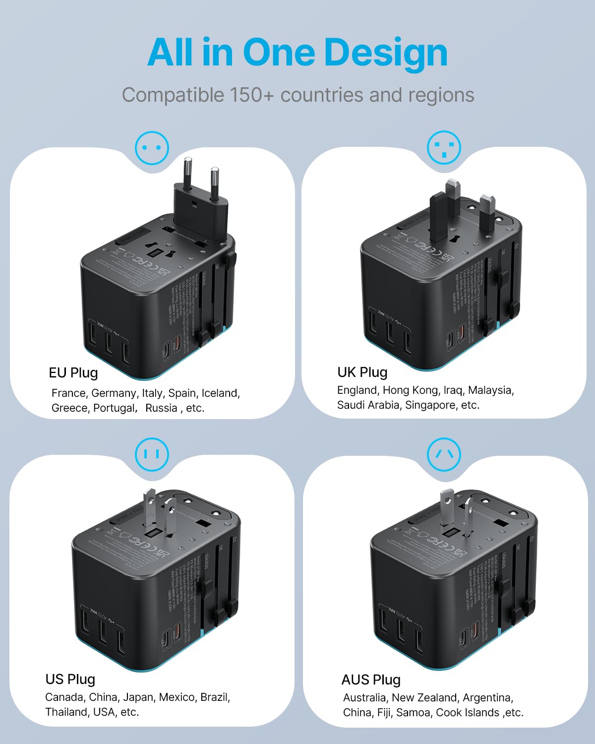 Universal Travel Adapter, VINTAR 35.5W International Power Adapter with 3 USB A QC and 2 USB C PD, All in One Plug Adapter Worldwide Travel Essentials for EU/UK/USA/AUS(Type C/G/A/I), Blue