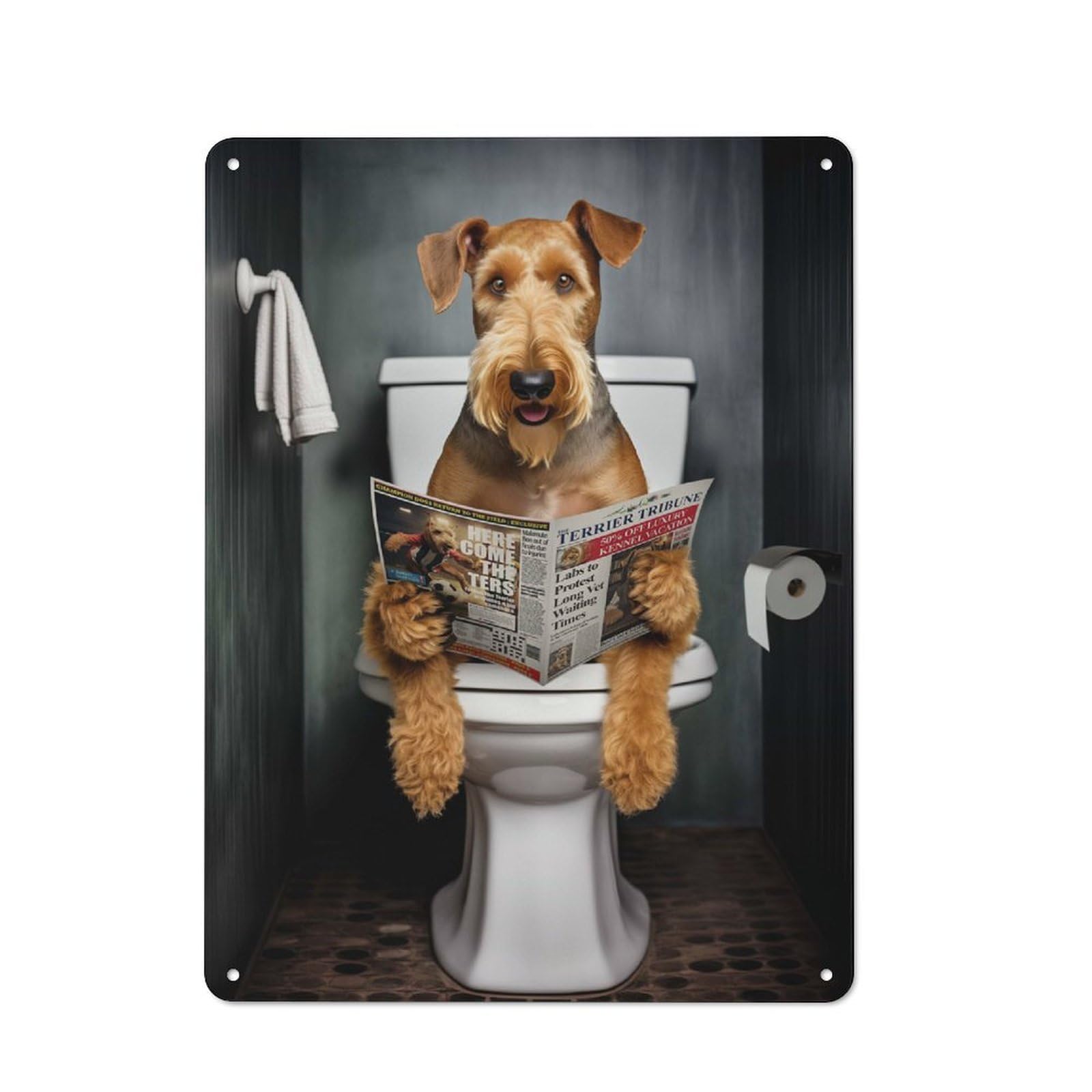 Retro Metal Sign 40x30cm Featuring Airedale Terrier on Toilet, Home Bar Decor for Pub, Home Bar, Shed Or Man Cave
