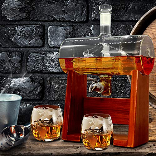 image for NutriChef Glass Whiskey Decanter with Glasses -37oz ml Barrel Whiskey 