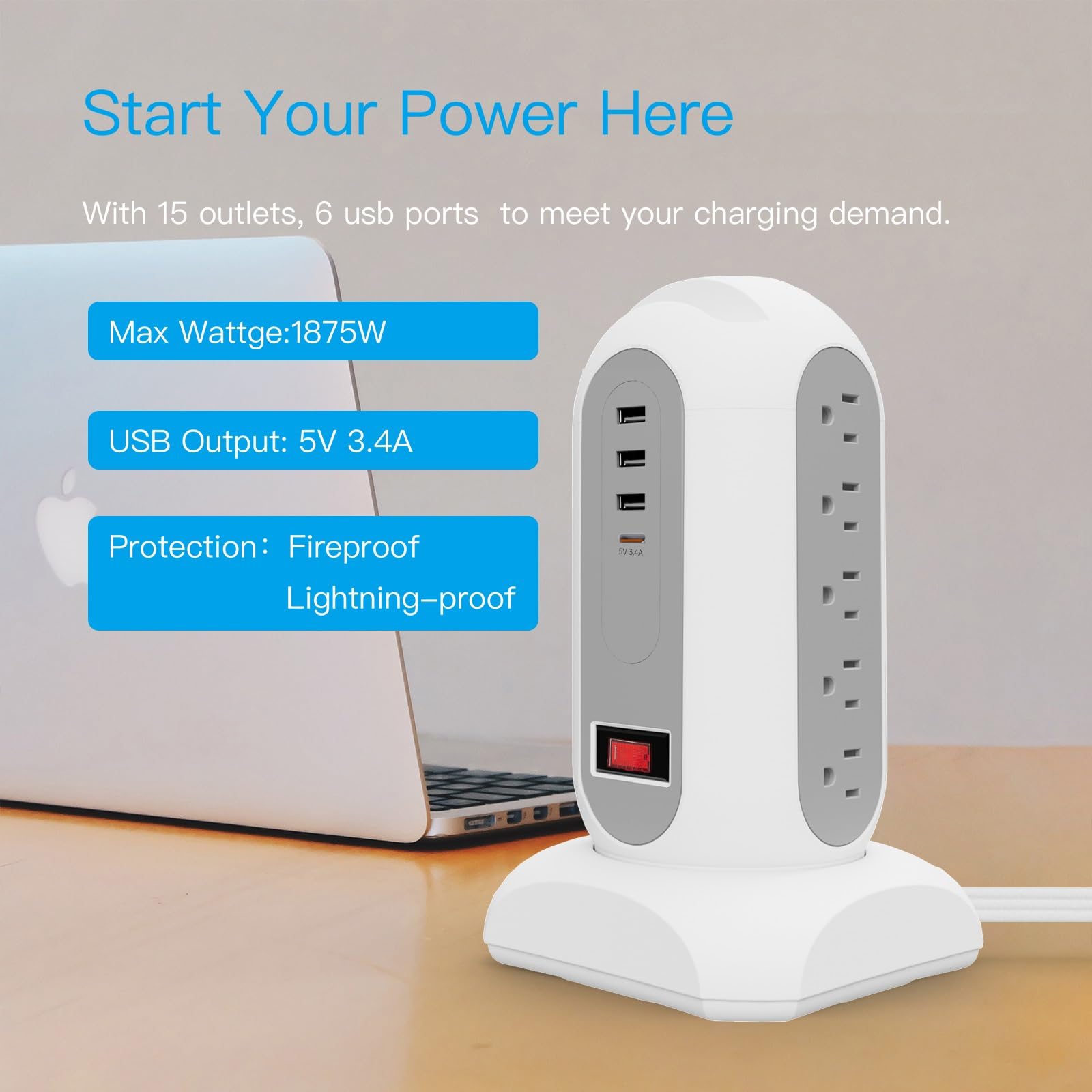 Przedłużacz z listwą zasilającą z zabezpieczeniem przeciwprzepięciowym z 15 gniazdami wielokrotnymi 6 stóp, 3 porty USB (1 USB C), listwa zasilająca wieża płaska wtyczka