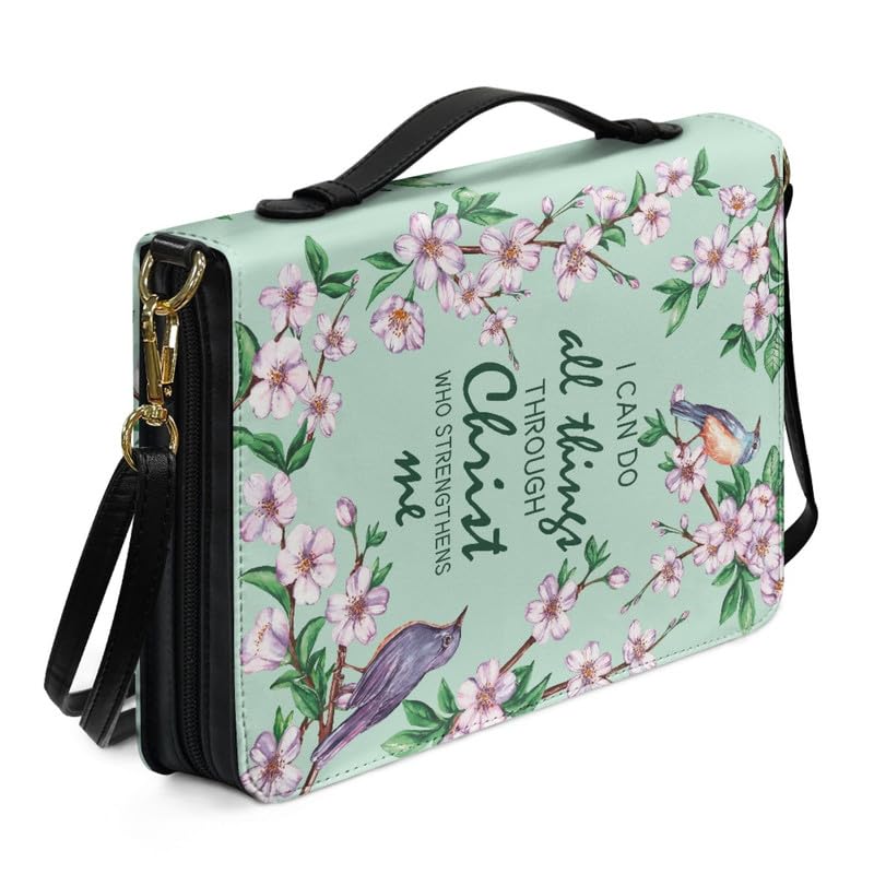 Kuiaobaty Cute Floral Bird Print Bible Case Large Leather Book Bag with Zip, Lord Quote Flower Faux Leather Book Case Church Handle Book Bag for Women — image 1
