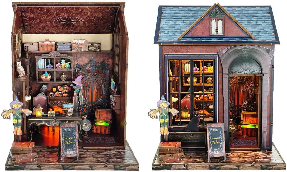 DIY Dollhouse Miniature Kit, Mini Magic Dolls House Furniture Accessories and LED Lights Puzzle Model 1:24 Scale Creative Room for Teen Adult Birthday Gift (Magic Cabin)