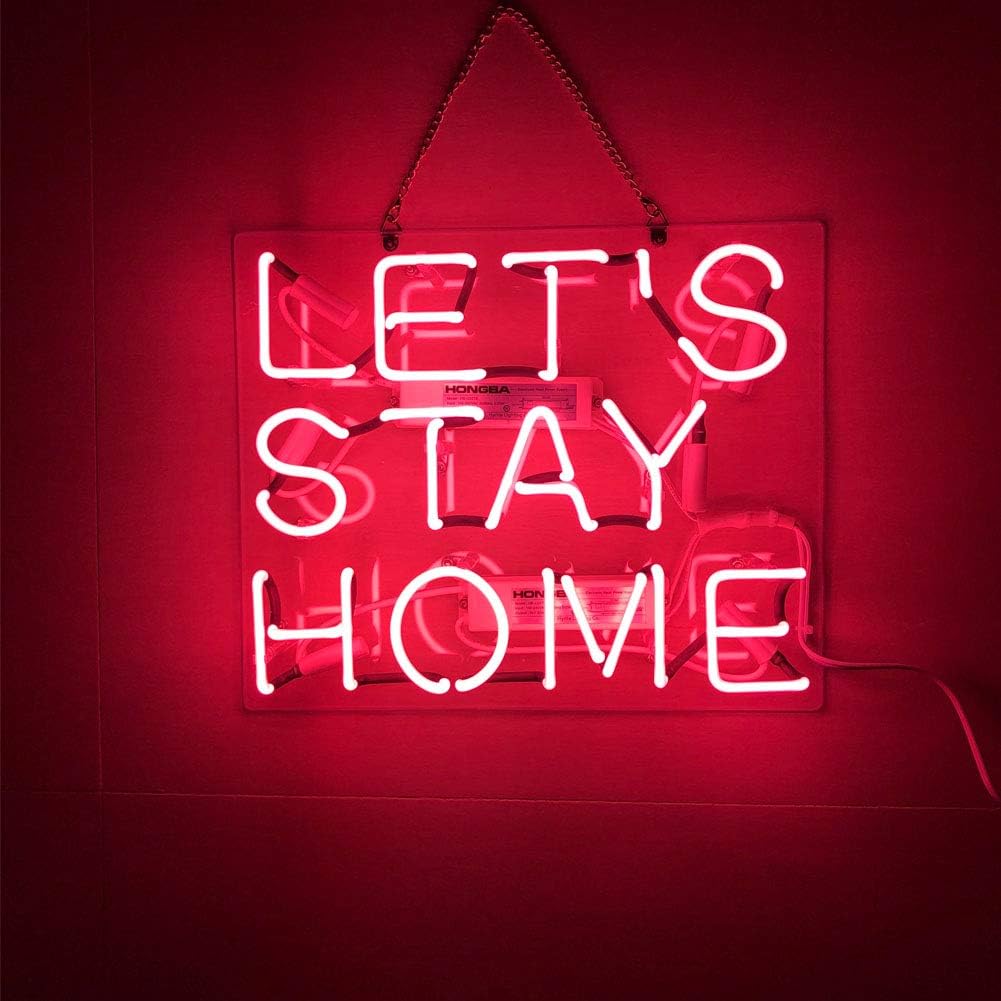 LiQi ™ LET'S STAY HOME'' Neon Sign （14" x11.5" Large） Real Glass Acrylic Panel Handmade for Home Bedroom Pub Hotel Beach Recreational Game Room Decor