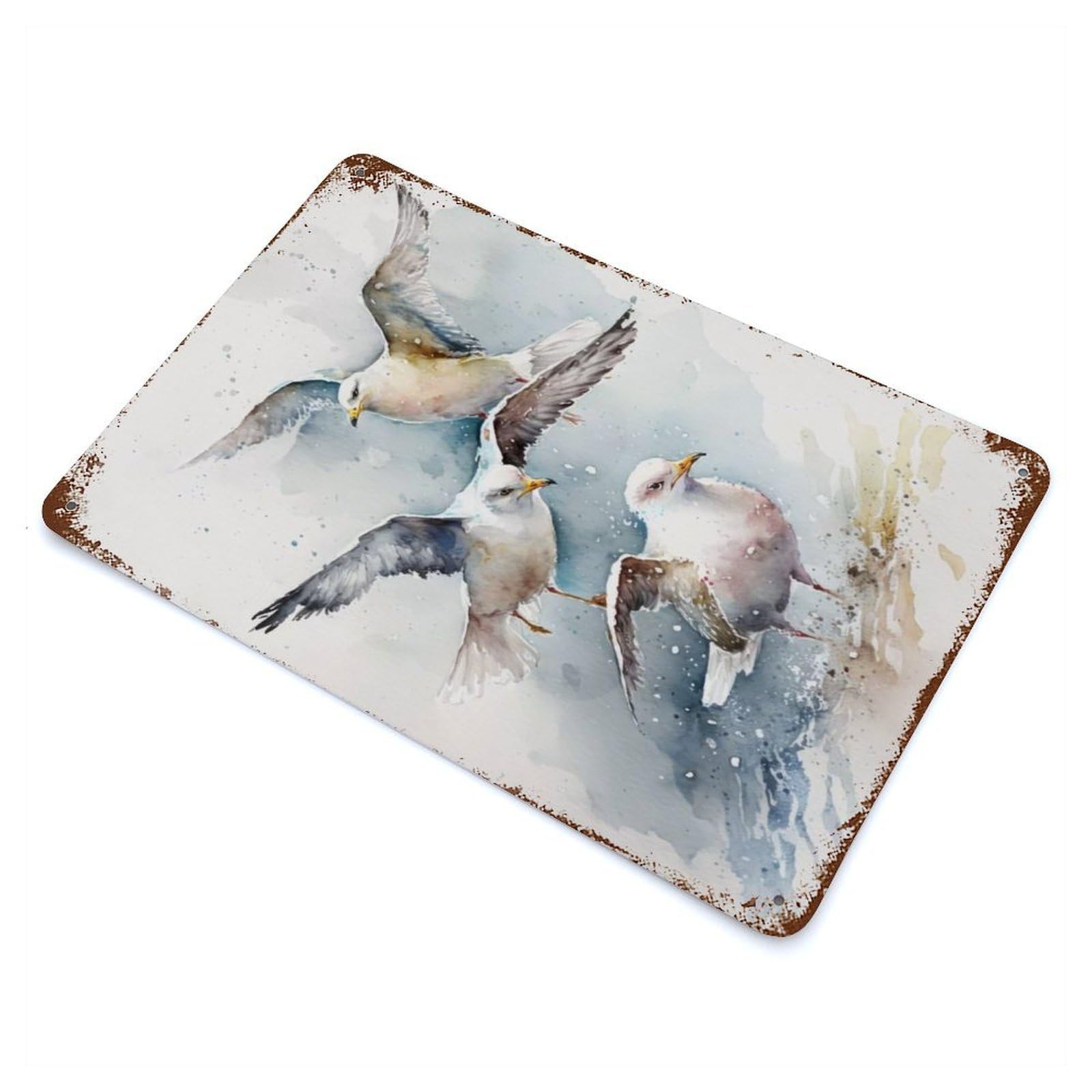 Watercolor Seagulls Rust Effect Tin Sign 11.8"x7.9", Ideal for Farmhouse, Kitchen And Entryway Decor