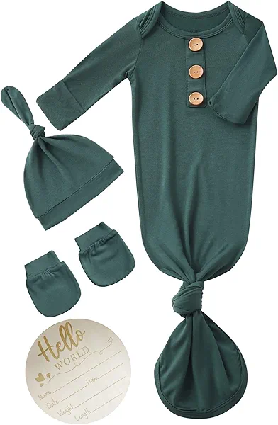 Newborn Baby Knotted Gown Headband/Hat Set Clothes Bamboo Viscose Sleep Gown with Announcement Sign