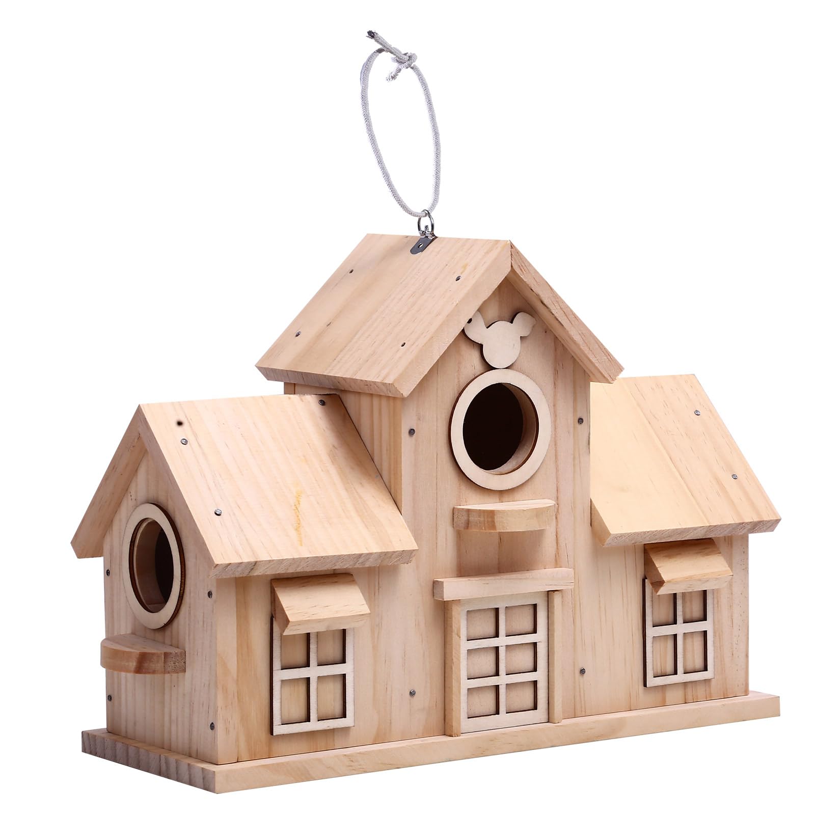 Dekoratives Vogelhaus aus Holz, natürliches Kiefernholz, Design mit doppeltem Eingang