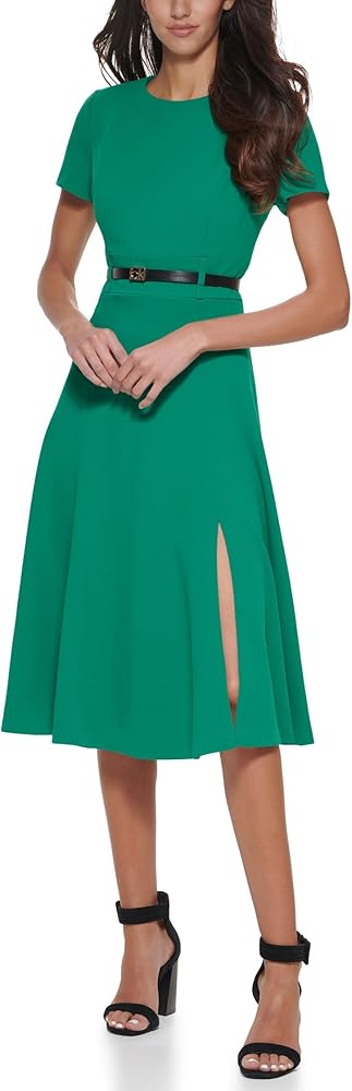 navy blue dress for baby girl Calvin Klein Women's Dress Short Sleeve A-Line Midi Dress with Belt Meadow  2 at Amazon Women's Clothing store