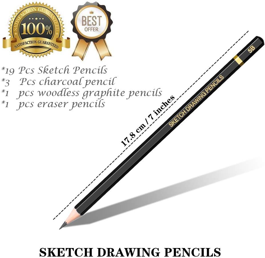 Mincho Professional Sketch Drawing Pencil Set - 24 Piece Artist Pencils Set Includes Graphite, Charcoal, Eraser Pencils (7H-14B), Ideal for Drawing Art, Sketching, Shading, for Beginners & Pro Artists : Arts, Crafts & Sewing