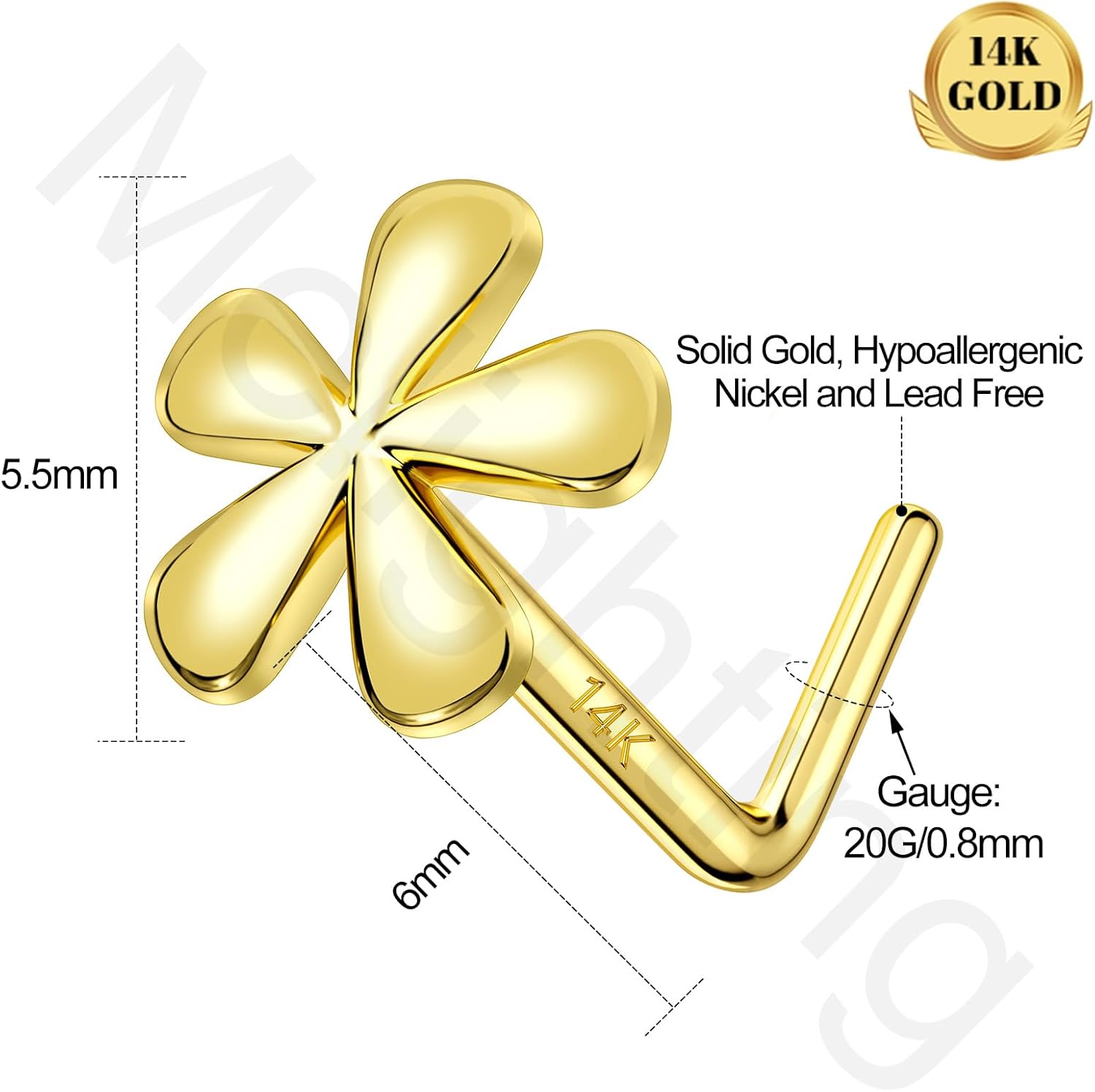 MeIighting Solid Gold Flower Nose Stud 20G Gold Nose Ring L Shaped 14K Solid Gold Nose Piercing Jewelry for Women Real Gold Nose Screw for Women - Image 4