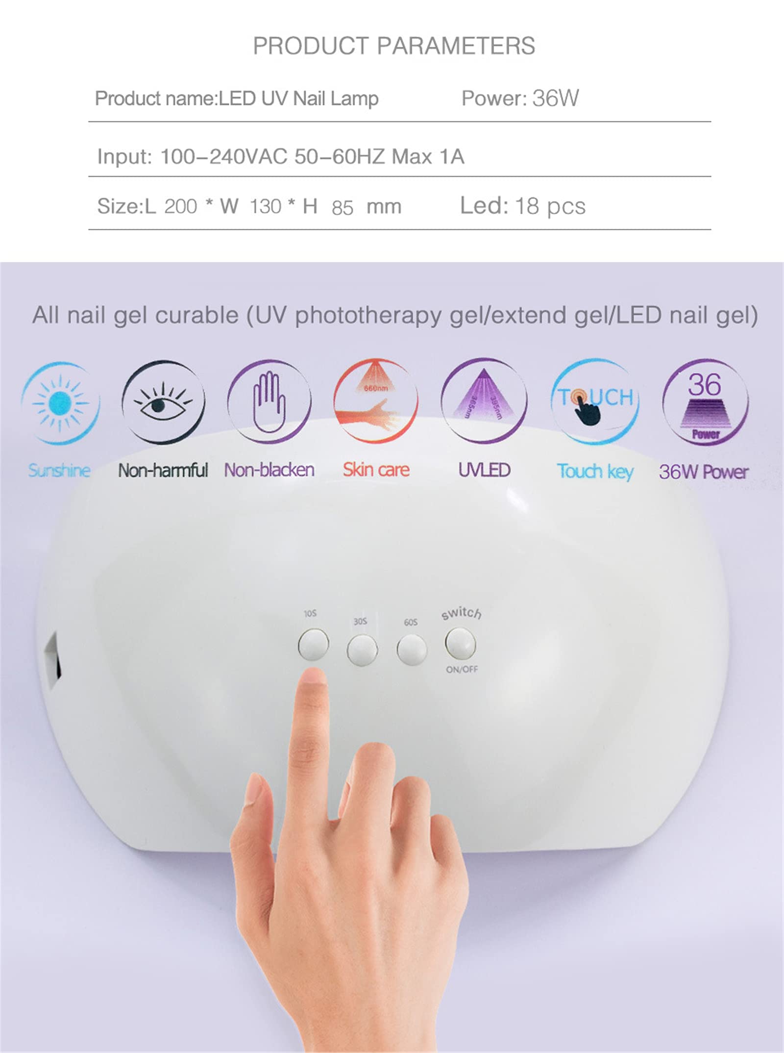 ZYC Lampada per l'essiccazione per Unghie per Unghie per Unghie per Unghie per Il Gel Smalto per Unghie 36W Lampada di polimerizzazione con Timer sensore