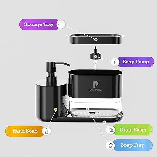 Miniatura 4 de Juego de dispensador automático de jabón para lavavajillas, bomba de jabón doble satisfactoria, bandeja de esponja premium, organizador de fregadero