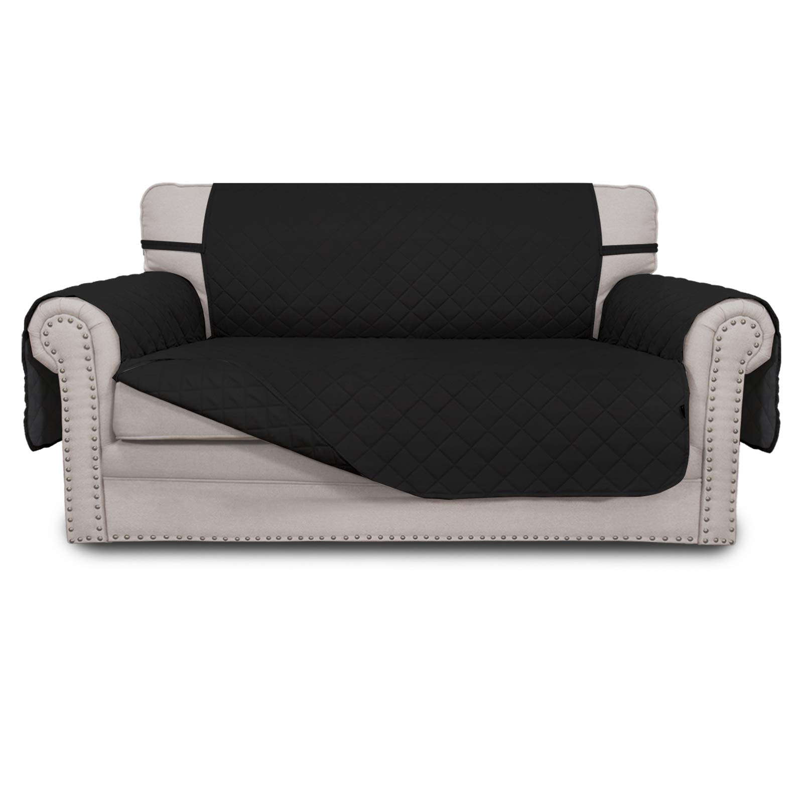 Easy-Going Reversible Loveseat Couch Cover for 2 Cushion Couch Sofa Cover for Dogs Water Resistant Furniture Protector with Foam Sticks Elastic Straps for Pet (Loveseat, Black/Black)