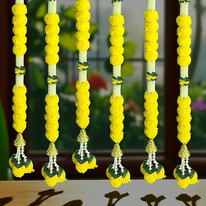 Image of iHandikart Decorative Marigold Hanging Strings, Pack of 6 Artificial Flower Garlands for Door, Home, Wedding, Diwali & Festival Decoration Size (47 Inch)