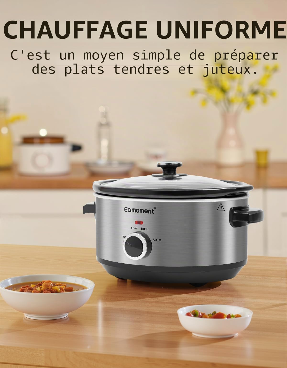 ESC-35A-OSSL 3,5L|200 W Slow Cooker avec 3 niveaux de chauffage et indicateur de puissance, passe au lave-vaisselle et avec poignées de transport, argenté