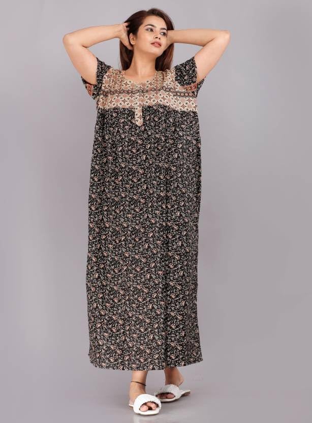 Image of Women Flower Printed Casual Wear Cotton Nighty - Gown-MFNT5014