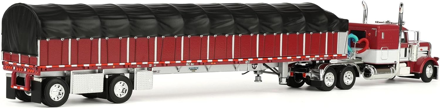 First Gear DCP 1/64 Peterbilt 389 63" Flat Top Sleeper Bunk Truck with Wilson Roadbrute 53" Flatbed Spread-Axle Trailer with Covered Wagon 60-2058