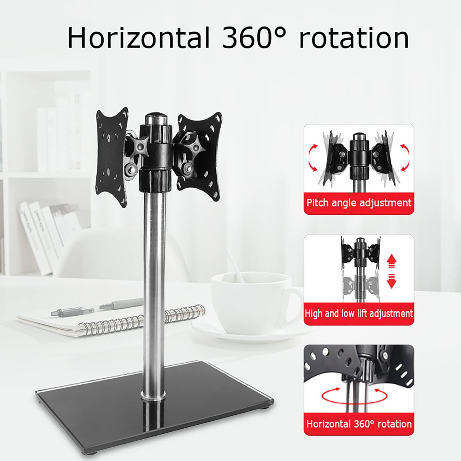 Supporto per Doppio Monitor, Supporto per Monitor Regolabile in Altezza per Schermi da 14 A 27 Pollici, con Base in Vetro Temperato, può Contenere Due Schermi.