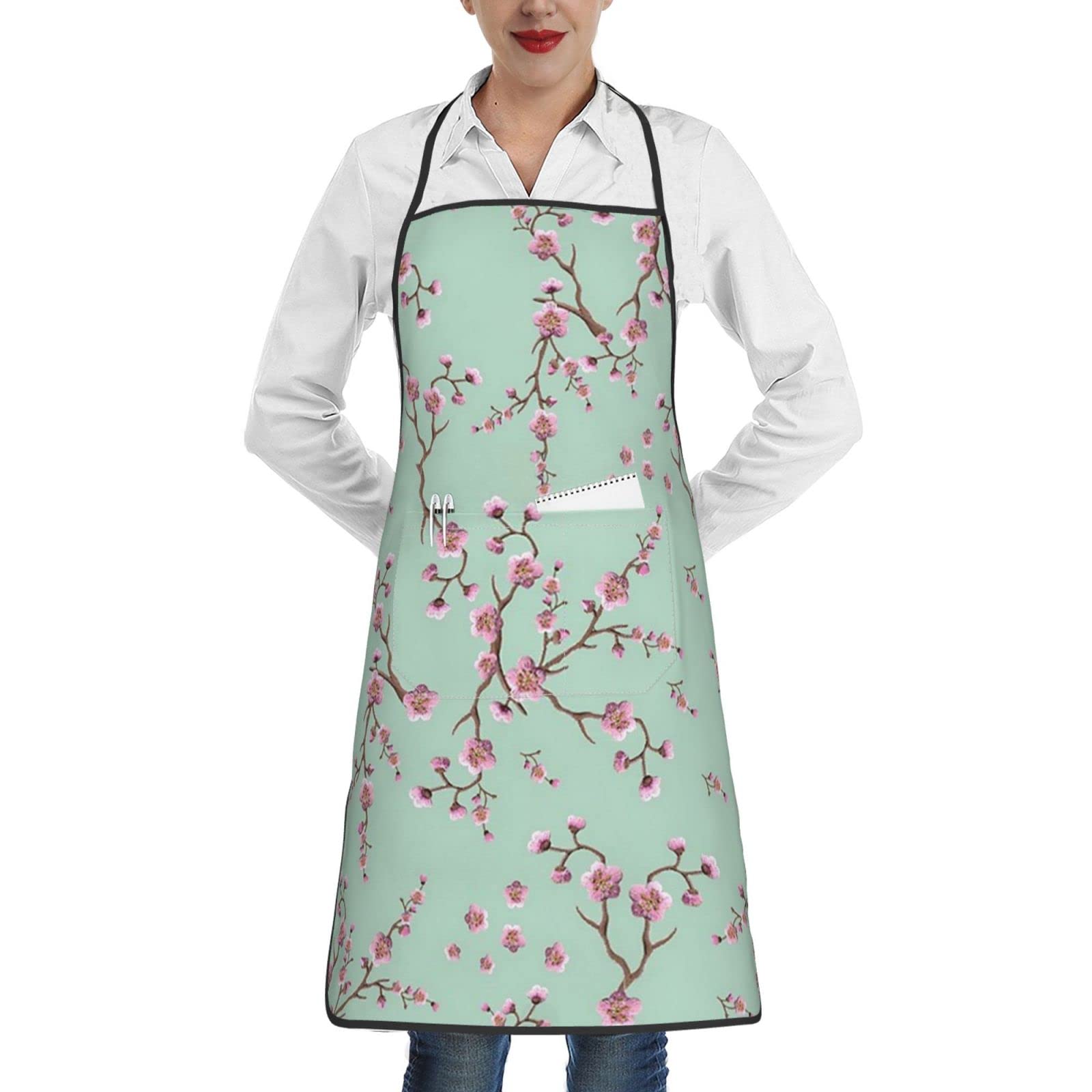 Aooedm Unisex Sakura Cherry Blossom Aprons For Men Women With Pockets Apron Chef Adjustable For Cooking Kitchen