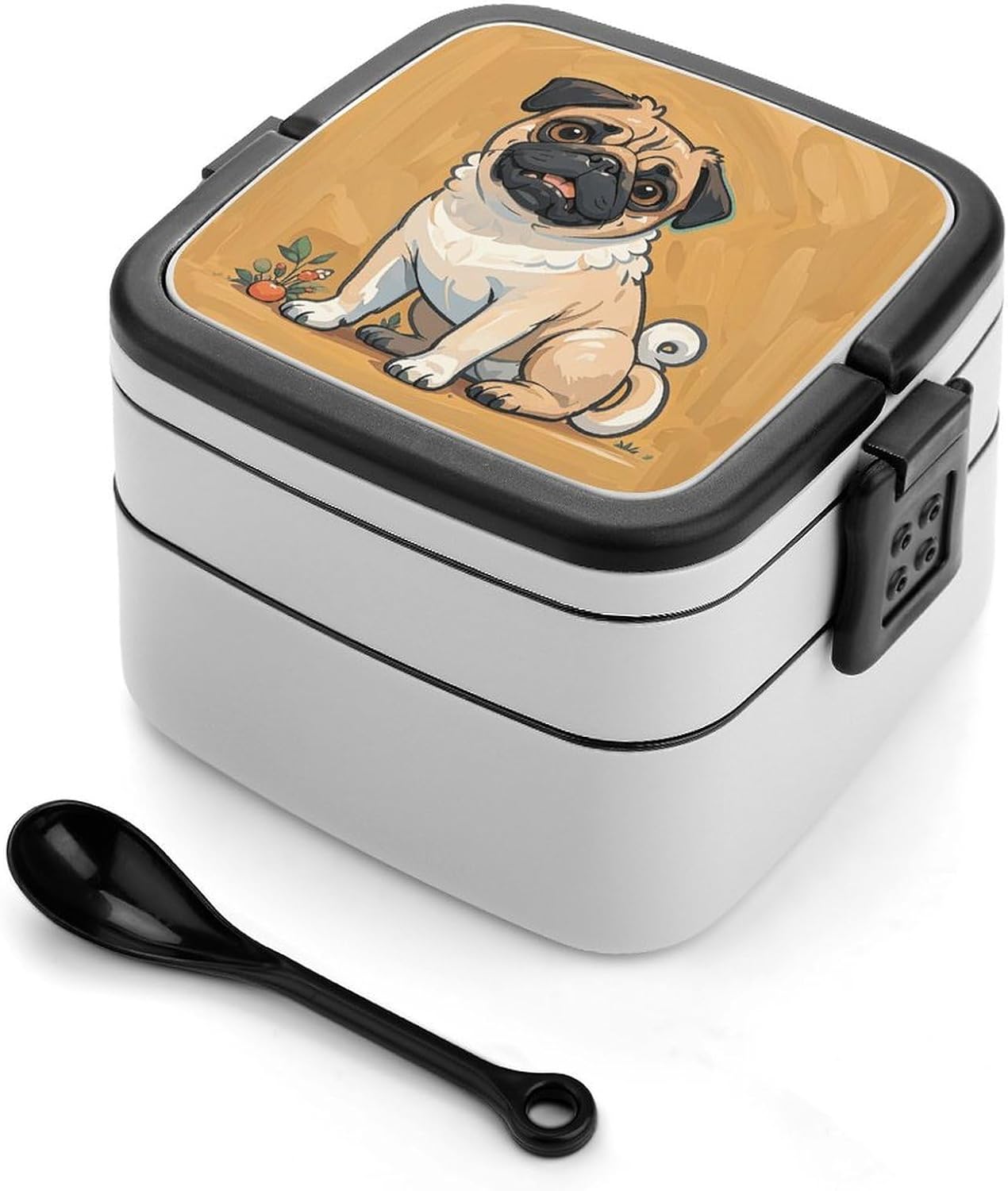 Funny Cartoon Pug Puppy Dogs Stackable Bento Box with Spoon - Leak Proof Lunch Container, Insulated Food Storage Boxes/Invisible Handle for Office, Travel & Picnic