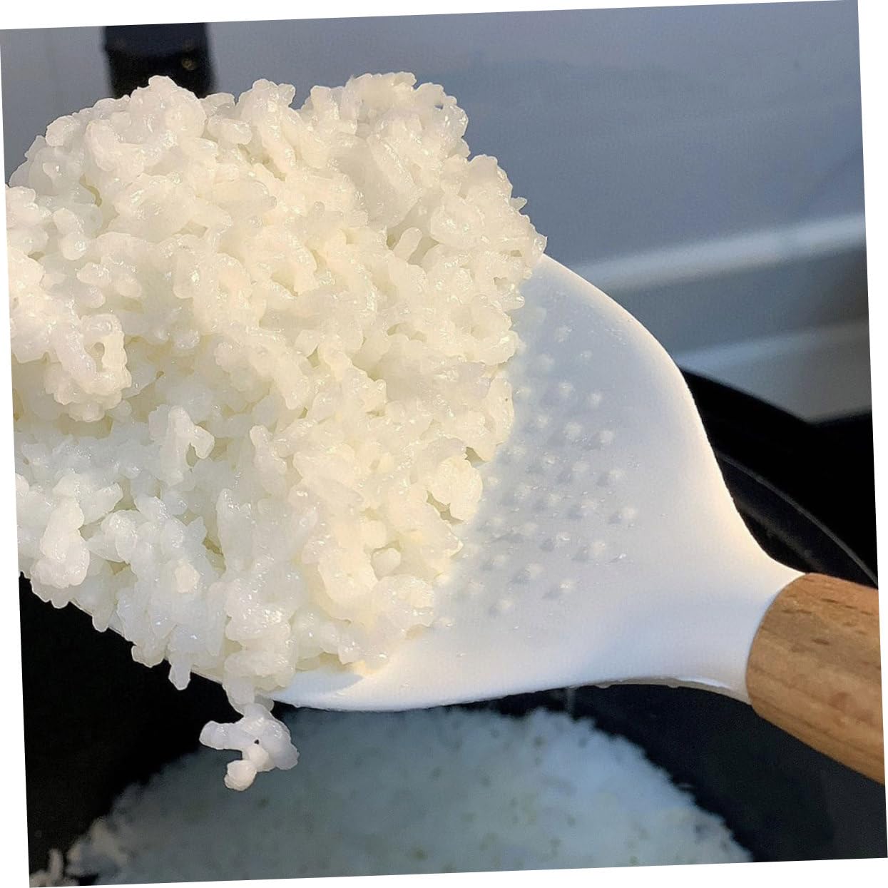 Cucchiaio E Paletta Per Riso In Silicone Opaco Con Manico In Legno – Resistente Al Calore (230°C) – Adatto A Pentole Antiaderenti – Senza BPA