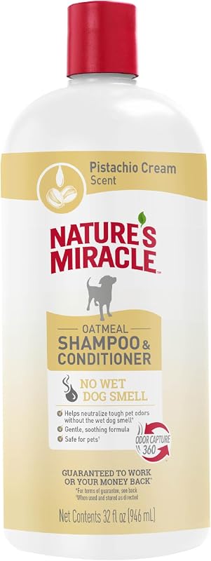 Nature's Miracle 2-in-1 Oatmeal Dog Shampoo & Conditioner, 32 oz | Odor Neutralizing Formula Leaves No Wet Dog Smell, Enriched with Aloe & Vitamin B, Soothes Pets Skin, Pistachio Cream Scent