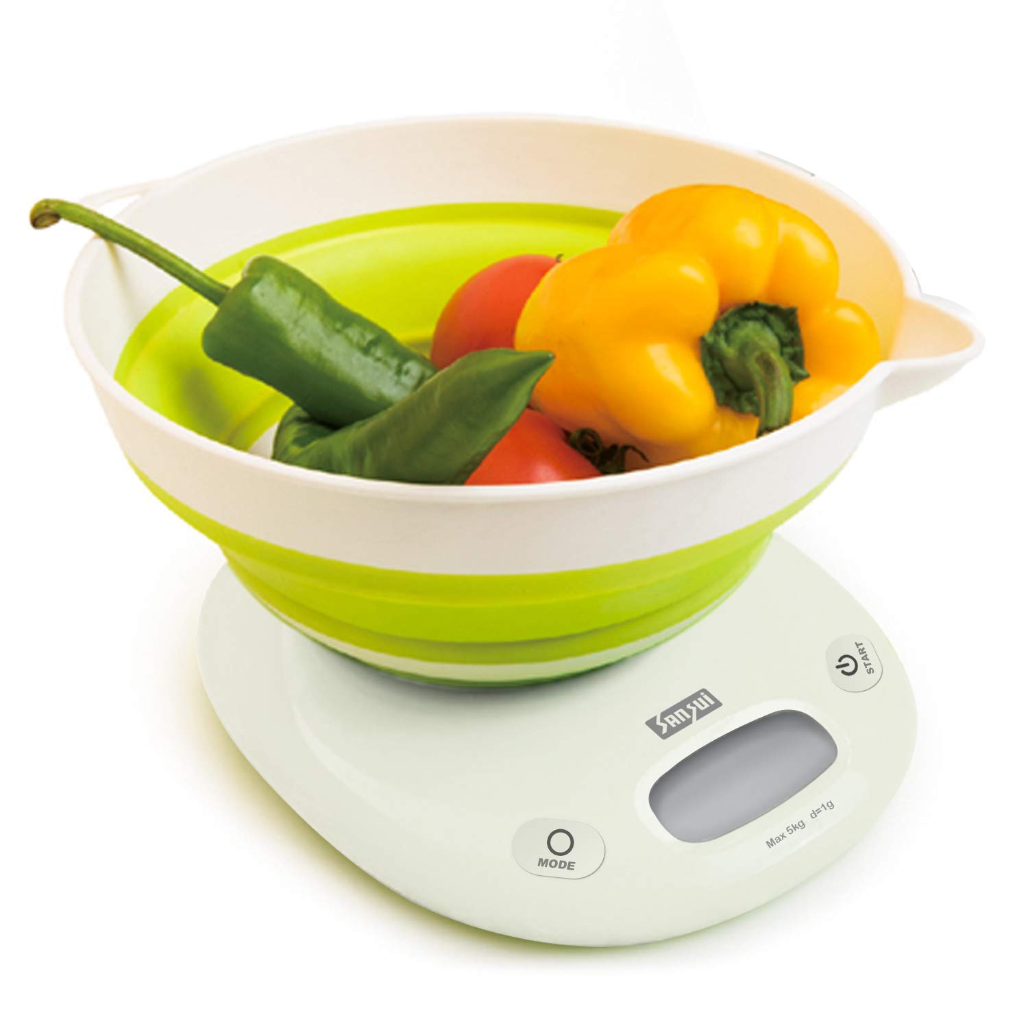 Sansui Digital Kitchen Scale with Large Foldable Bowl & Food Weight Machine for Health, Fitness, Home Baking & Cooking (5 kg, White-Green)