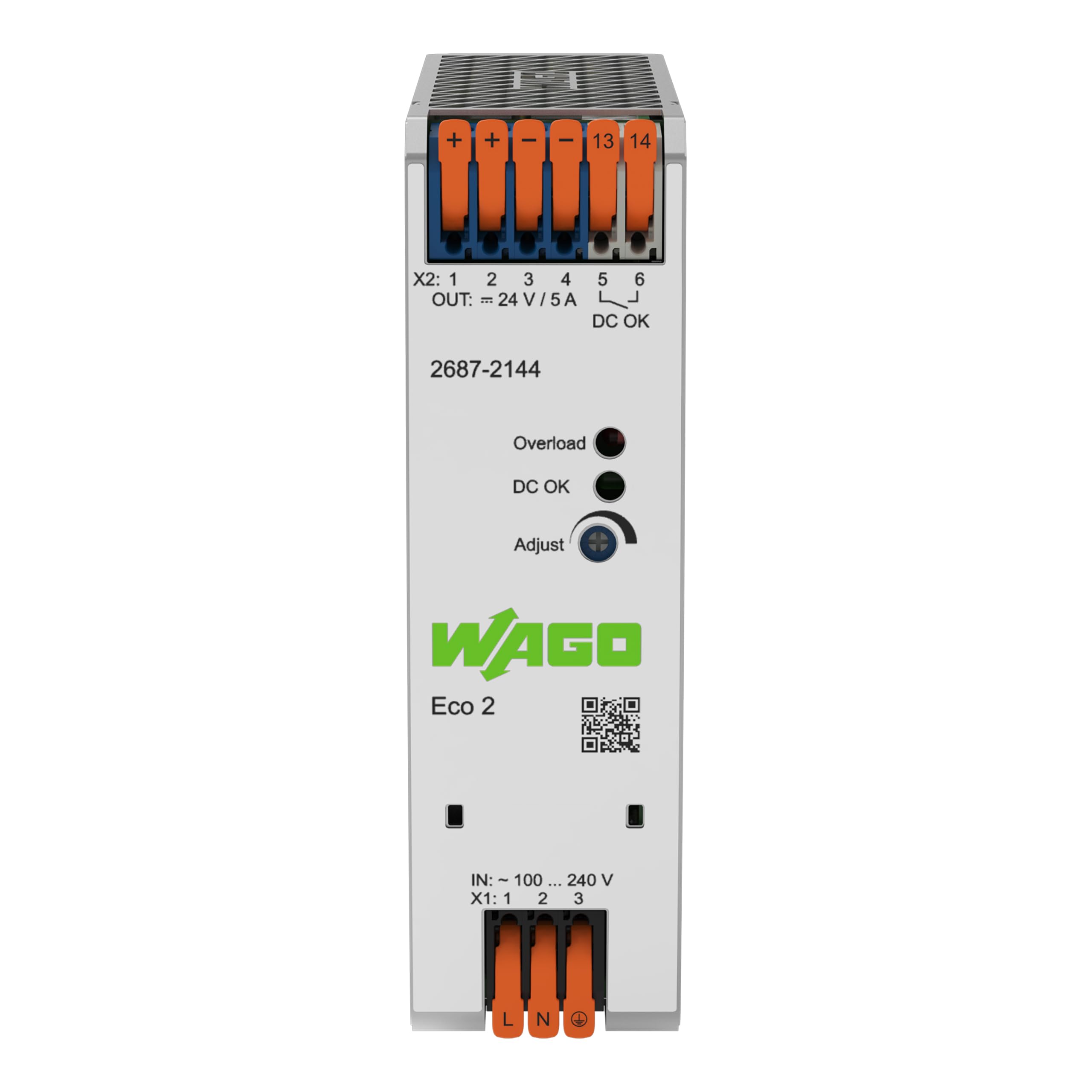 WAGO Fuente de alimentación compacta ECO 2687-2144 | monofásica, fuente de alimentación de riel DIN (riel DIN), DC 24 V, 5 A, contacto DC-OK