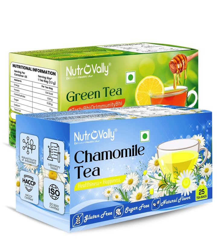 NutroVally Green Tea Bags 50 Pcs Honey Lemon and Chamomile Tea |immunity booster with natural vitamins, good Sleep |Green Tea 50 Teabags (2 x 25 Bags) (B0CLJHSGFJ) Amazon Price History, Amazon Price Tracker