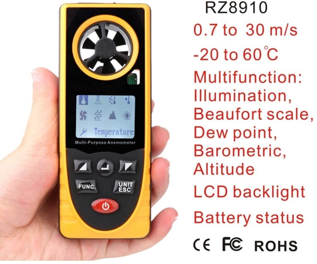 Anemometro Portatile velocità del Vento Misuratore del Vento Energia Temperatura della Temperatura dell'Aria -14 ° F a 113 ° F (da -10 ° C a 45 ° C) con LCD retroilluminato Max/AVG Data Hold