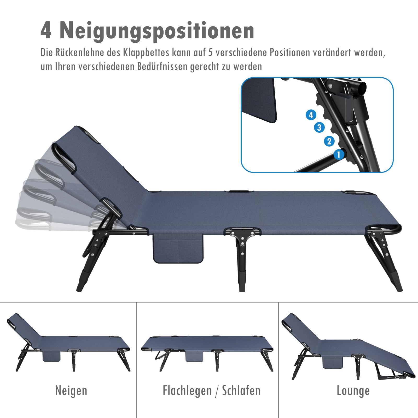 ATORPOK SHOP klappbare Sonnenliege mit 4 Positionen verstellbaren Rückenlehnen, tragbare vielseitige Campingbett-Liegestuhl-Kombination für Garten, Pool, Patio, gepolsterter Matratze & Kissen - Blau