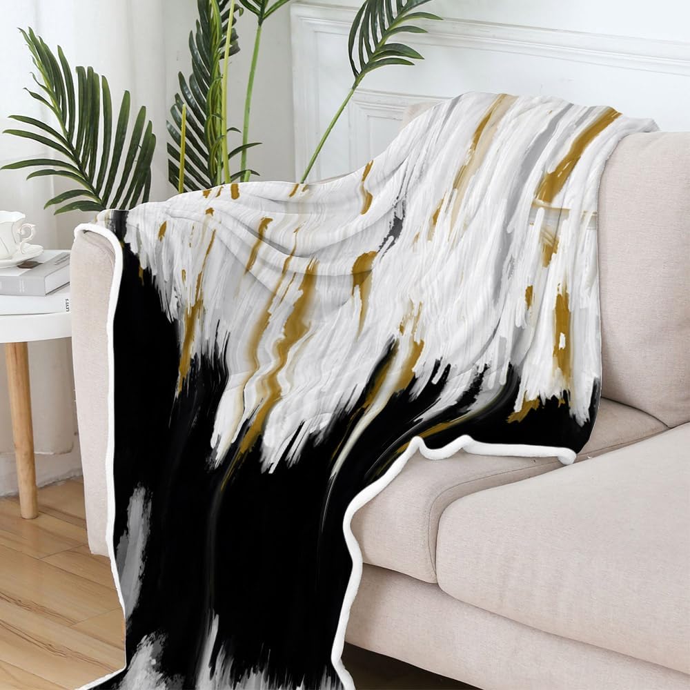 Abstract Ombre Throw Blankets, Modren Chic Art Oil Painting Cozy Warm Bed Couch Blanket, Black Gold White Fleece Flannel Throws to Decorate The Room and Bedroom - Image 4