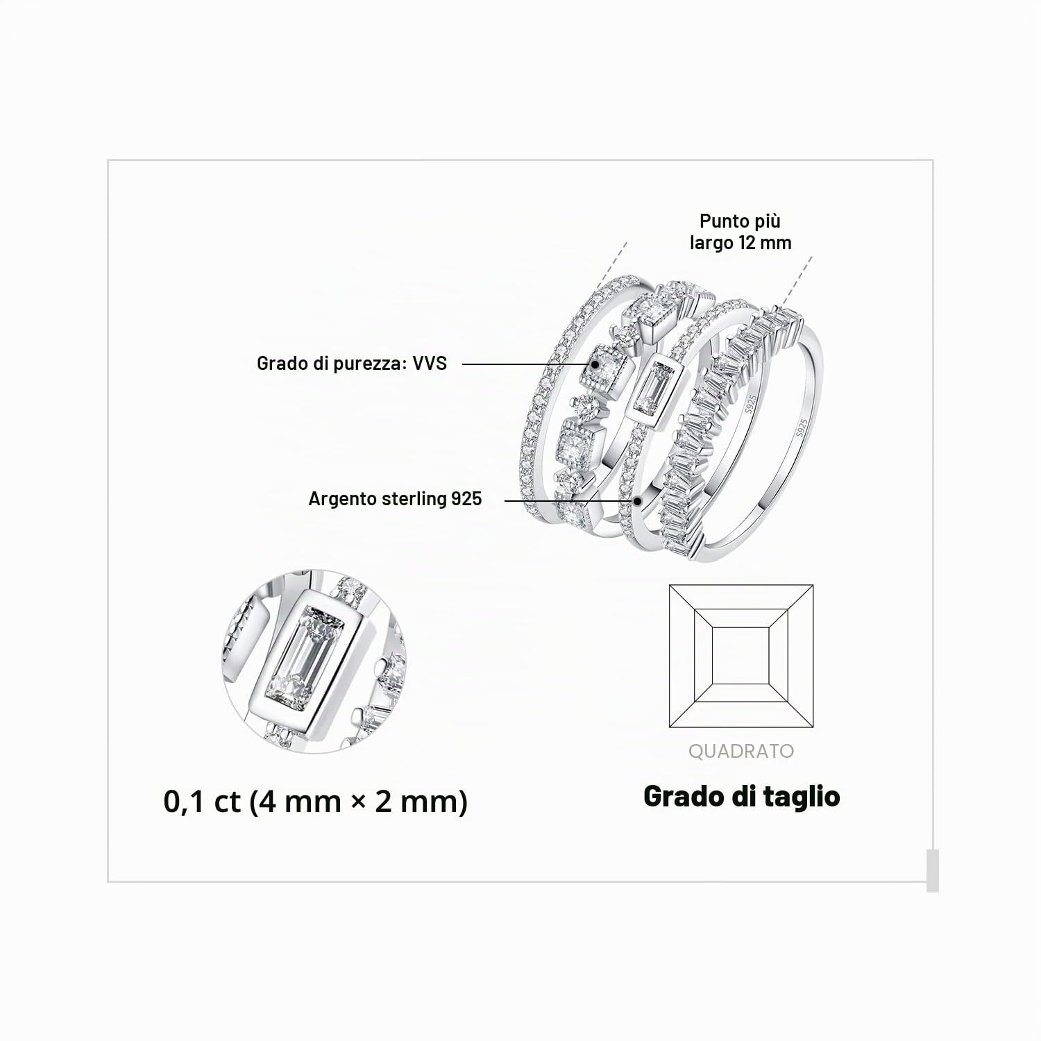 JewelryPalace 1.06ct Eternity Anello Solitario Donna Argento 925 con Cubica Zirconia, 4 Anelli Impilabili Donne con Pietra a Taglio Smeraldo, Fedi Nuziali Tre Ori Anelli Matrimonio Set Gioielli Donna