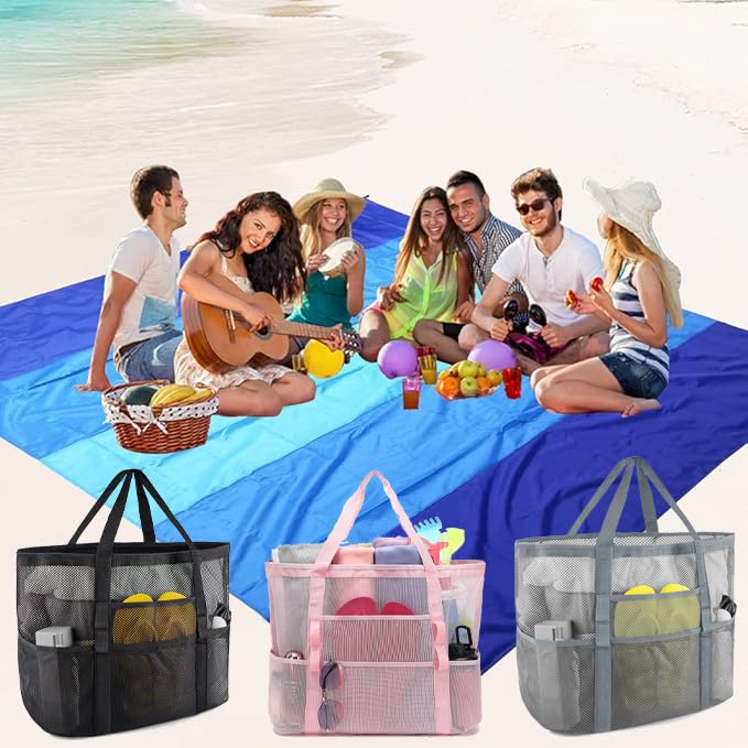 Mesh Beach Bag with 9 Pockets - Large Lightweight Waterproof Tote for Family .Toys &Vacation Essentials3