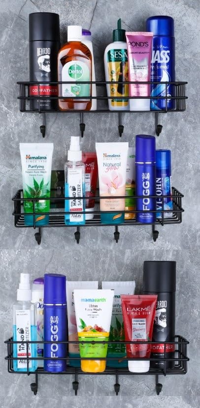 MOXSTAR Storage Hook Shelf for Wall Self-Adhesive Multipurpose Bathroom Shelf with Hooks/Towel Holder/Rack/Bathroom Accessories-Wall Mount (Black) (Pack of 3) (B0CQXSSLDS) Amazon Price History, Amazon Price Tracker