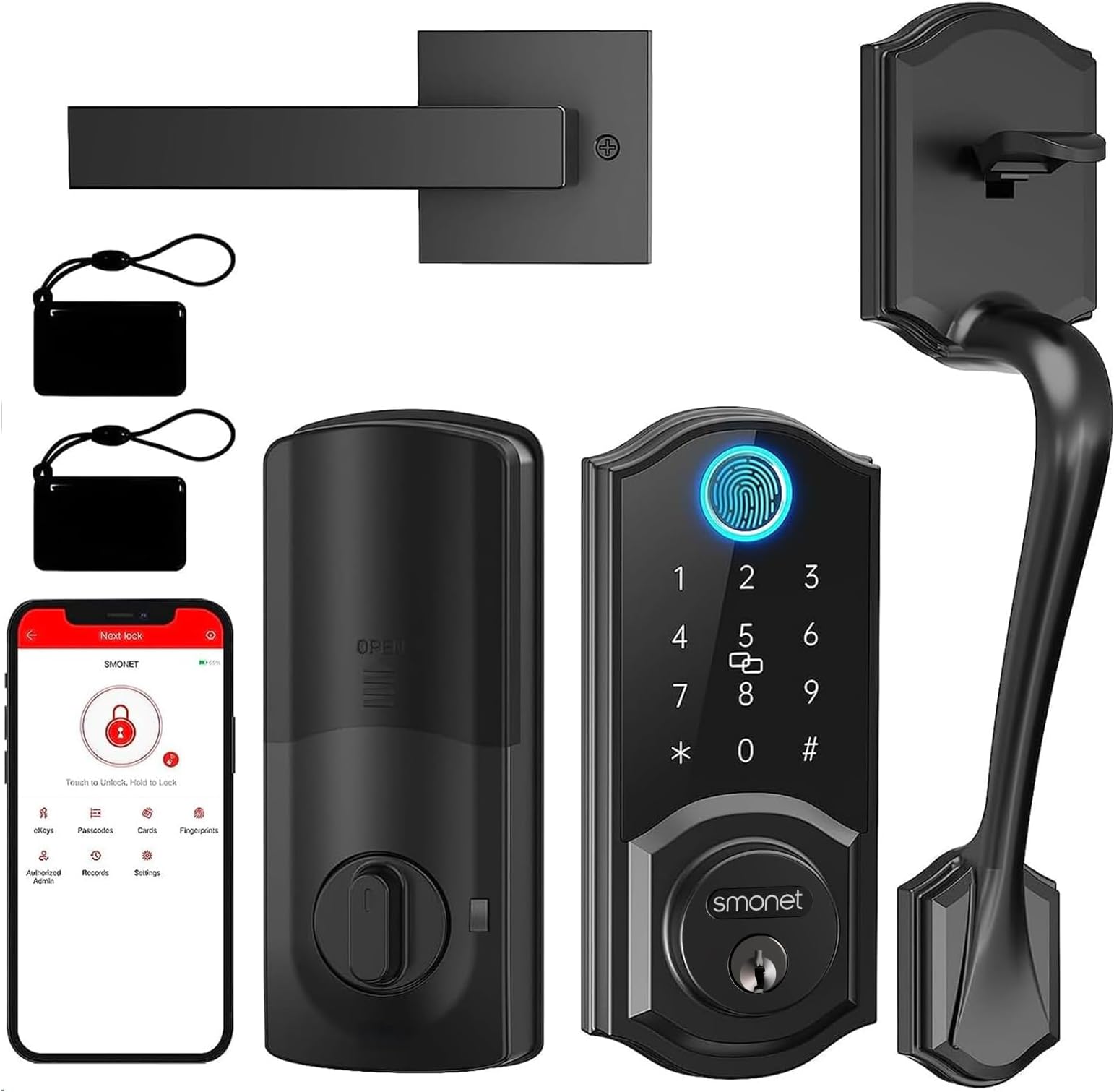 Smart Lock Front Door, SMONET Keyless Entry Door Lock with Handle, Smart Front Door Lock Set Fingerprint Smart Deadbolt Bluetooth Electronic Digital Keypad Lock, Auto Lock Work with Alexa, Black