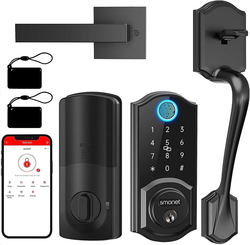 Cerradura inteligente para puerta delantera, cerradura de puerta de entrada sin llave SMONET con manija, juego de cerradura inteligente para puerta delantera con huella dactilar, cerrojo inteligente con Bluetooth, cerradura electrónica con teclado digital, bloqueo automático, funciona con Alexa, negro