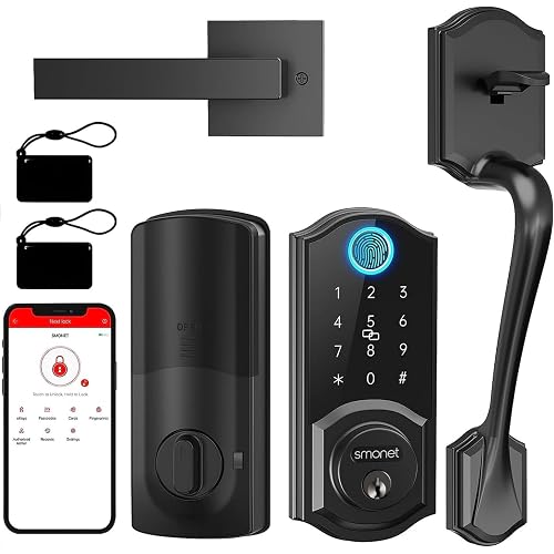 Smart Lock Front Door, SMONET Keyless Entry Door Lock with Handle, Smart Front Door Lock Set Fingerprint Smart Deadbolt Bluetooth Electronic Digital Keypad Lock, Auto Lock Work with Alexa, Black