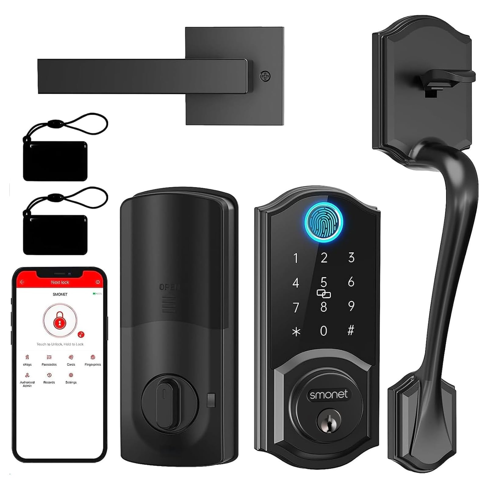 Smart Lock Front Door, SMONET Keyless Entry Door Lock with Handle, Smart Front Door Lock Set Fingerprint Smart Deadbolt Bluetooth Electronic Digital Keypad Lock, Auto Lock Work with Alexa, Black