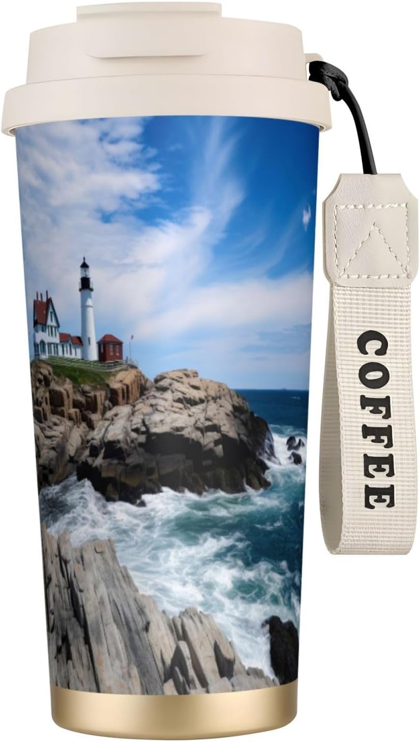 Lighthouse Stone Sea Travel Coffee Mug with Lid, Stainless Steel Cups for Men Women,White