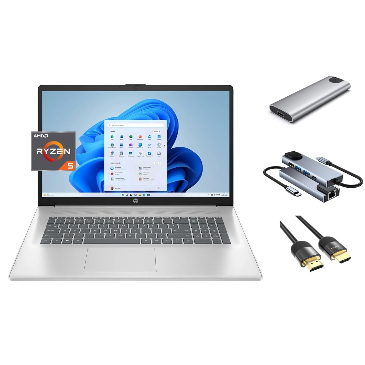 HP 17.3" Full HD Laptop, 6-Core AMD Ryzen 5 7430U (Beats i7-1255U), 8GB RAM, 512GB SSD + 256GB Portable SSD, Webcam, KeyPad, WiFi6, USB-C, HDMI, 3-in-