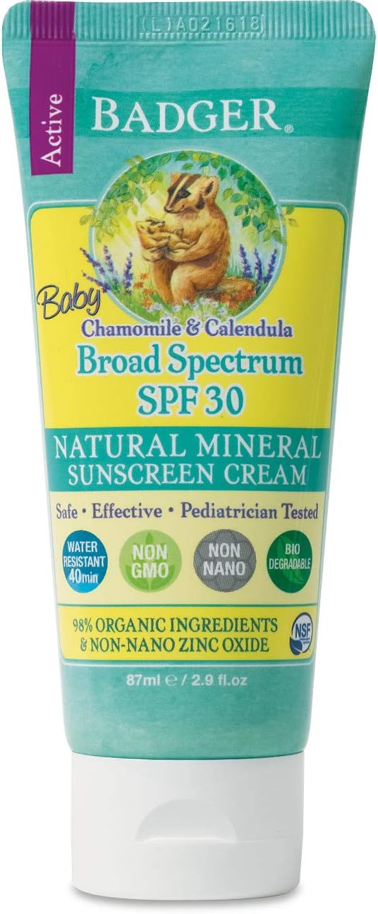 Badger - SPF 30 Baby Sunscreen Cream with Zinc Oxide - Broad Spectrum & Water Resistant, Reef Safe Sunscreen, Natural Mineral Sunscreen with Organic Ingredients 2.9 fl oz