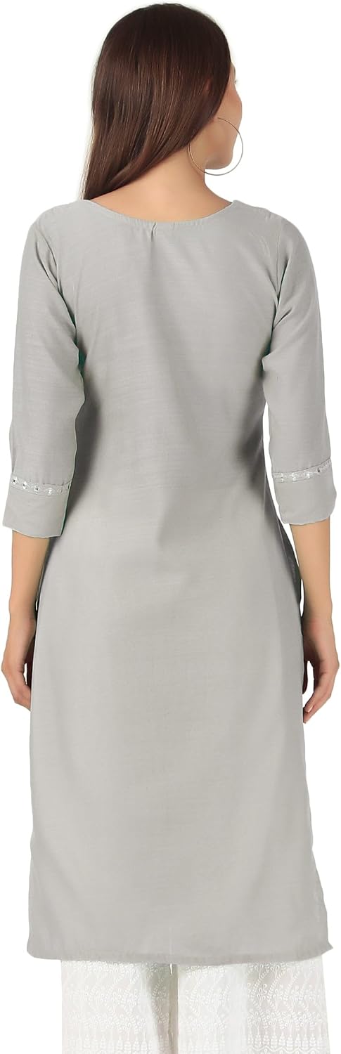 ladyline Rayon Knee Length Tunic Top Embroidered Mirror Work Round Neck Show Buttons Kurti - Image 3