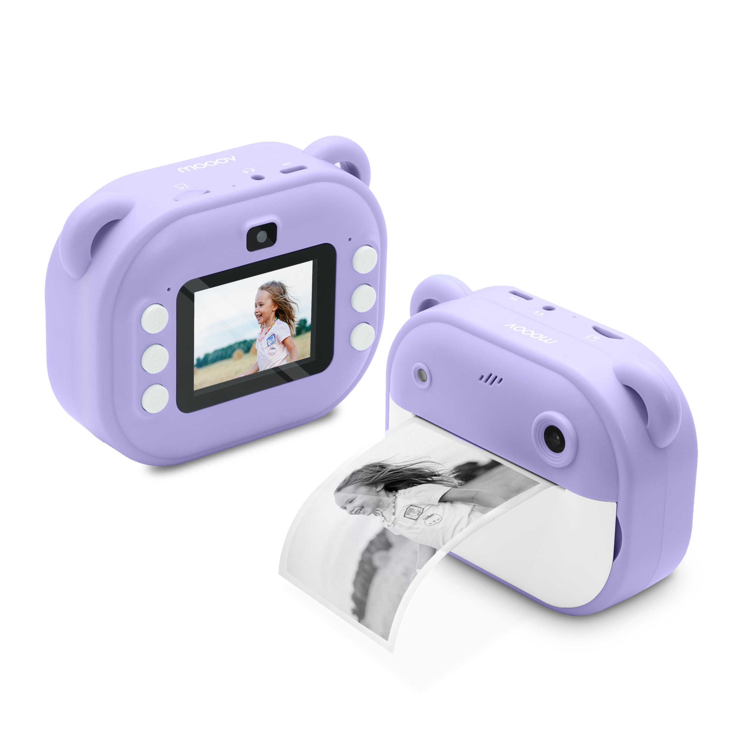 Mooov 477523 - Camara Fotos Infantil instantanea, 2,4’‘ Full HD/HD, cámara Fotos Infantil para niños y niñas, 18 Efectos/Marcos, 5 Juegos, 2 Rollos de Papel fotográfico de impresión, Lila
