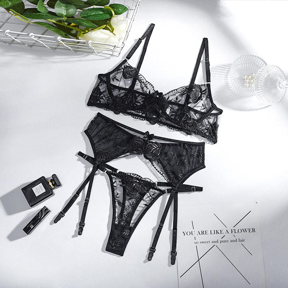 MLLM Mujer Sexy Conjuntos,Pijamas de Encaje Bordado;Tres Partes de la Ropa Interior-Black_M,Mujeres Conjunto Lencería Encaje