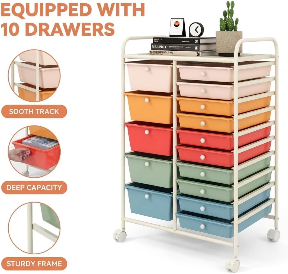 POWERSTONE Rolling Cart with 15 Drawers, Multipurpose Storage Organizer with Lockable Wheels, Metal Frame & Plastic Drawers Mobile Utility Cart, for Home, Office, School, Garage, Macaron