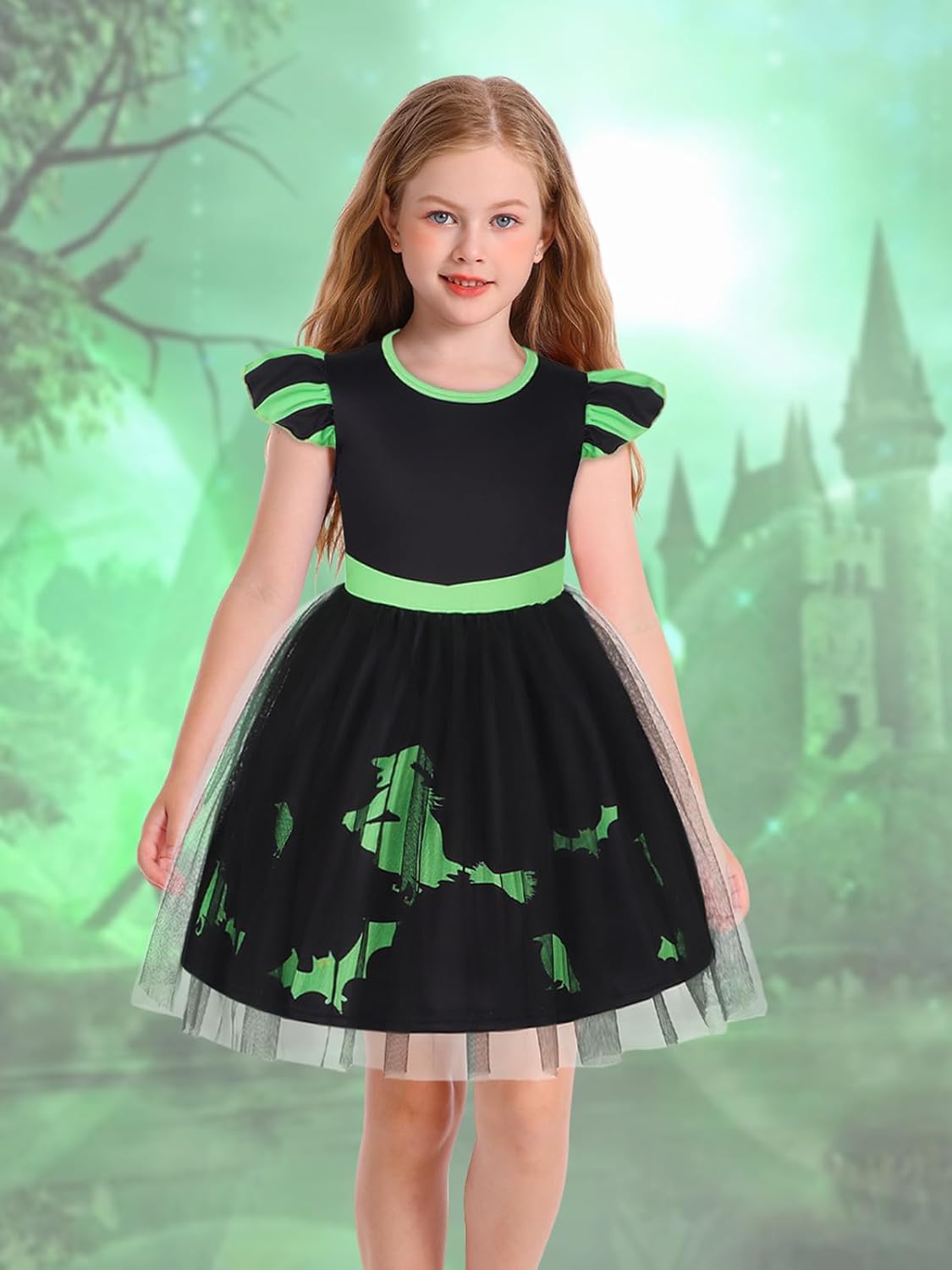 Witch Costume for Girls Kids Pink Black Dress Halloween Costumes Tulle Mesh Dresses - Image 2