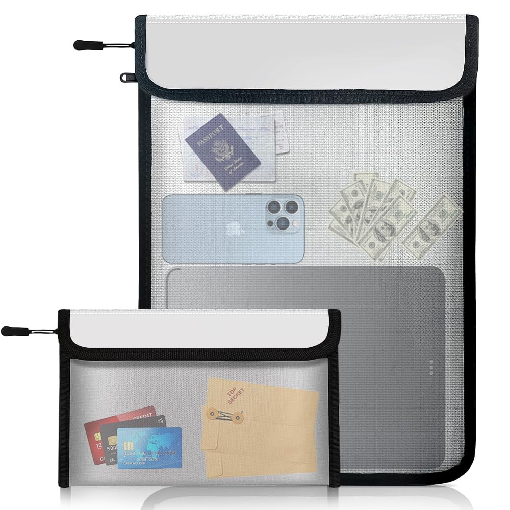 Fireproof Waterproof Document Bag - 2000℉ Protection, Upgraded Two Pockets, Reflective Strips | 2 Sizes (5x8in & 11x15in) | Certified Fire Safe Bag