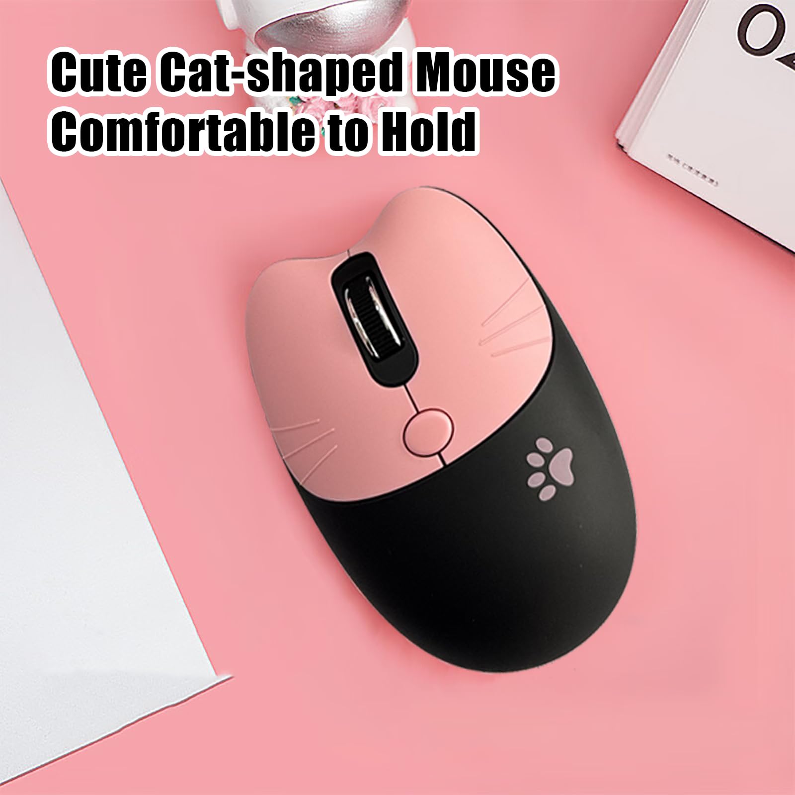 Cute Cat Ensemble clavier et souris USB sans fil 2,4 G, touches silencieuses, couleurs bonbon, compatible avec ordinateur portable, PC (noir-rose-110 touches)